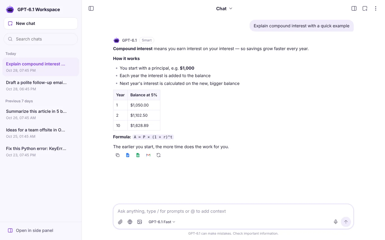 GPT-6.1 Workspace full-screen AI chat with chat history