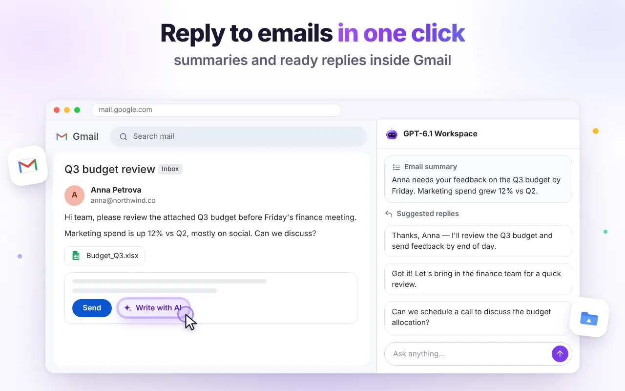Gmail AI reply suggestions in GPT-6.1 Workspace