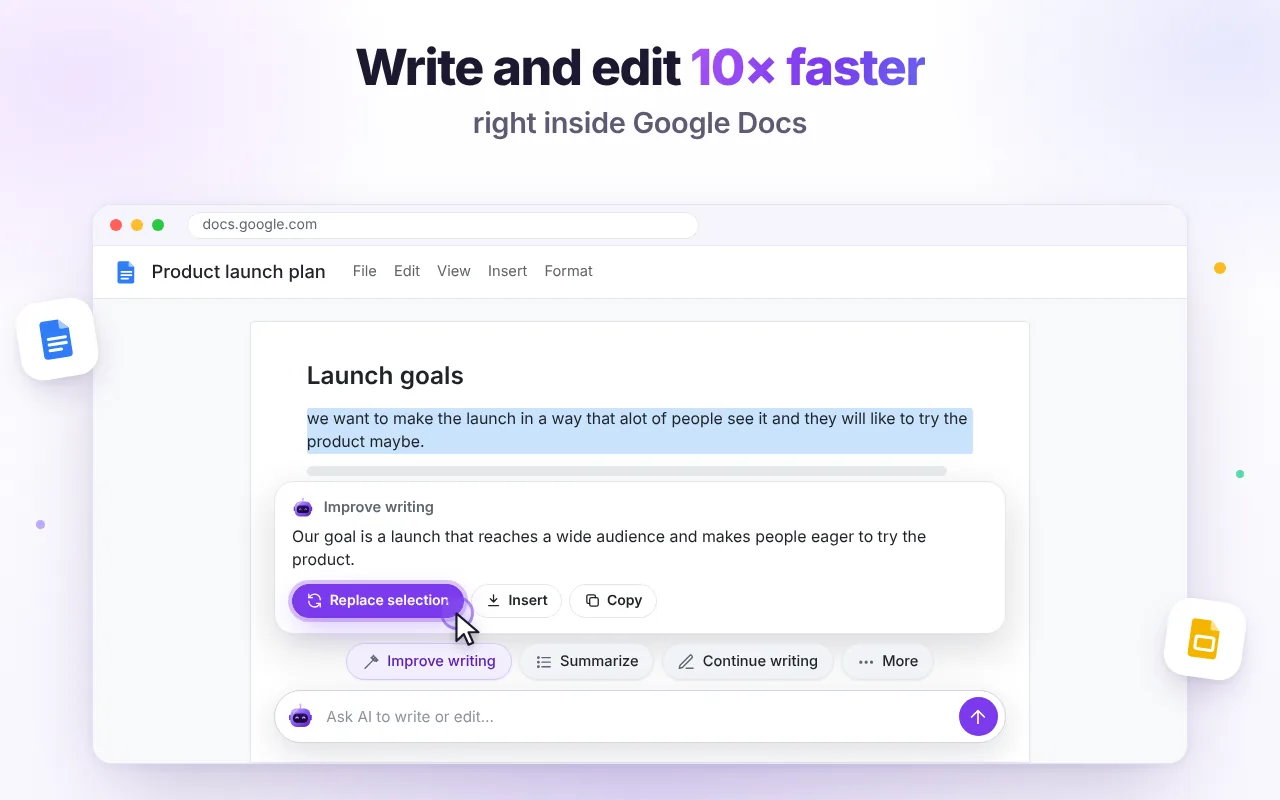 AI writing bar inside Google Docs